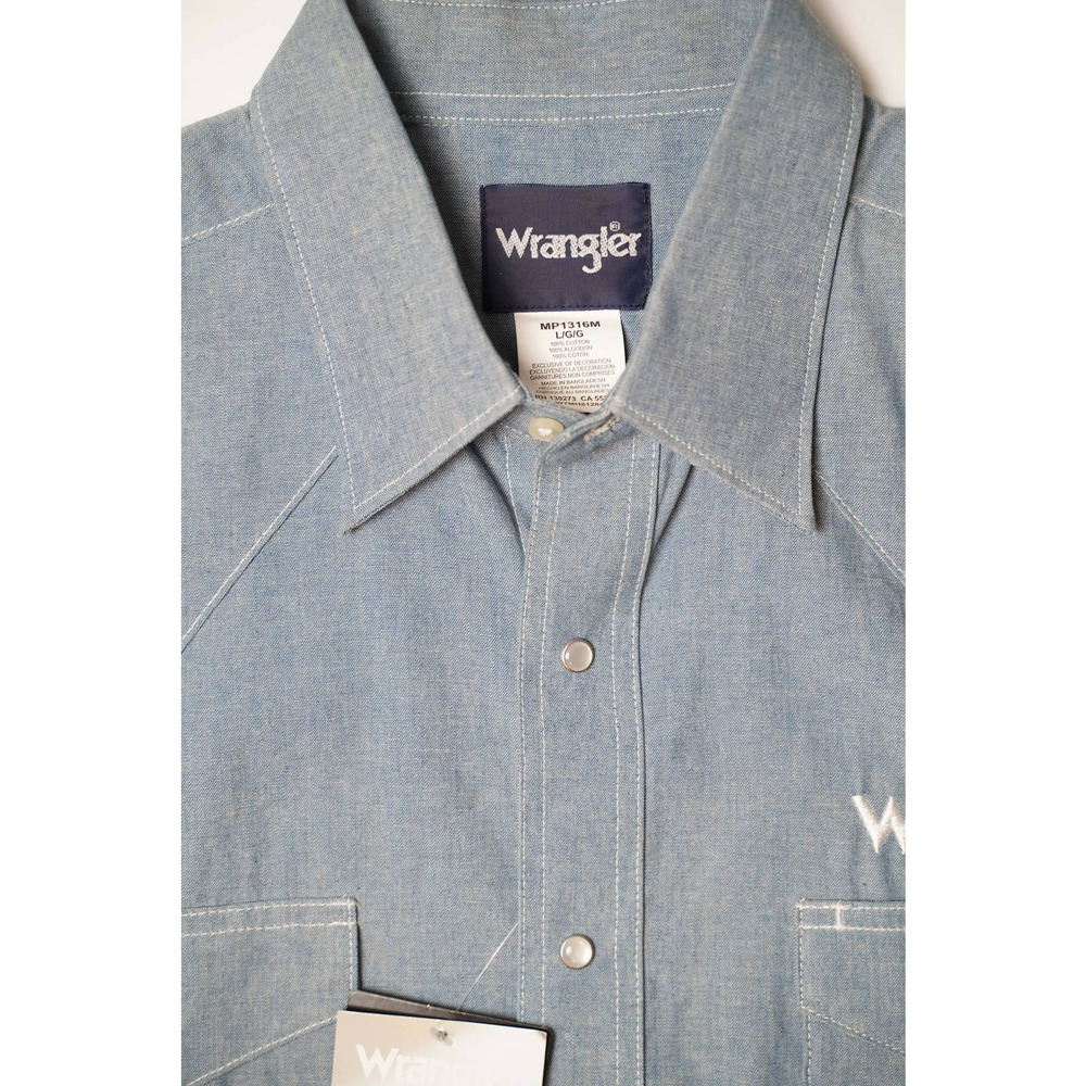 NWT Wrangler® Logo Solid Blue Long Sleeve Snap Shirt MP1316M Large Mens